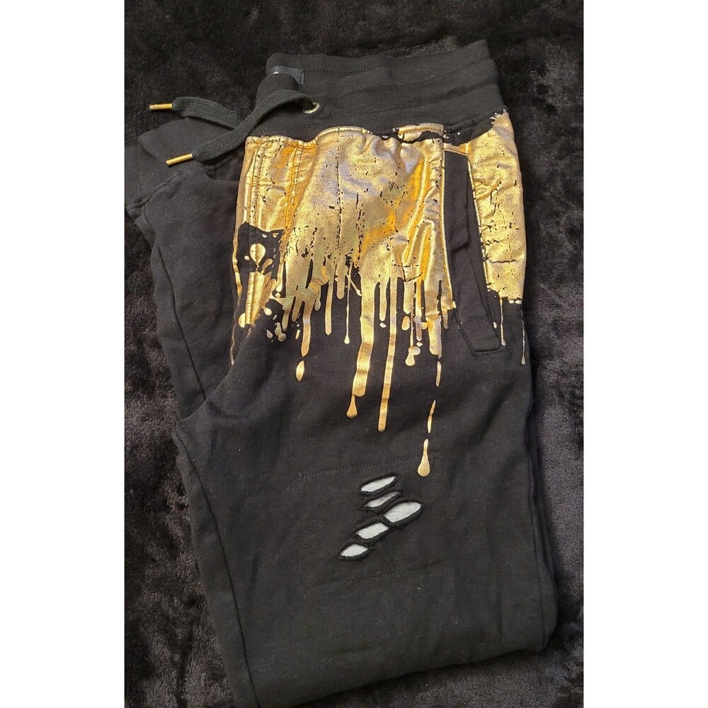 Woman's Switch Remarkable Distressed Black Sweatpants Gold Color Accent Medium